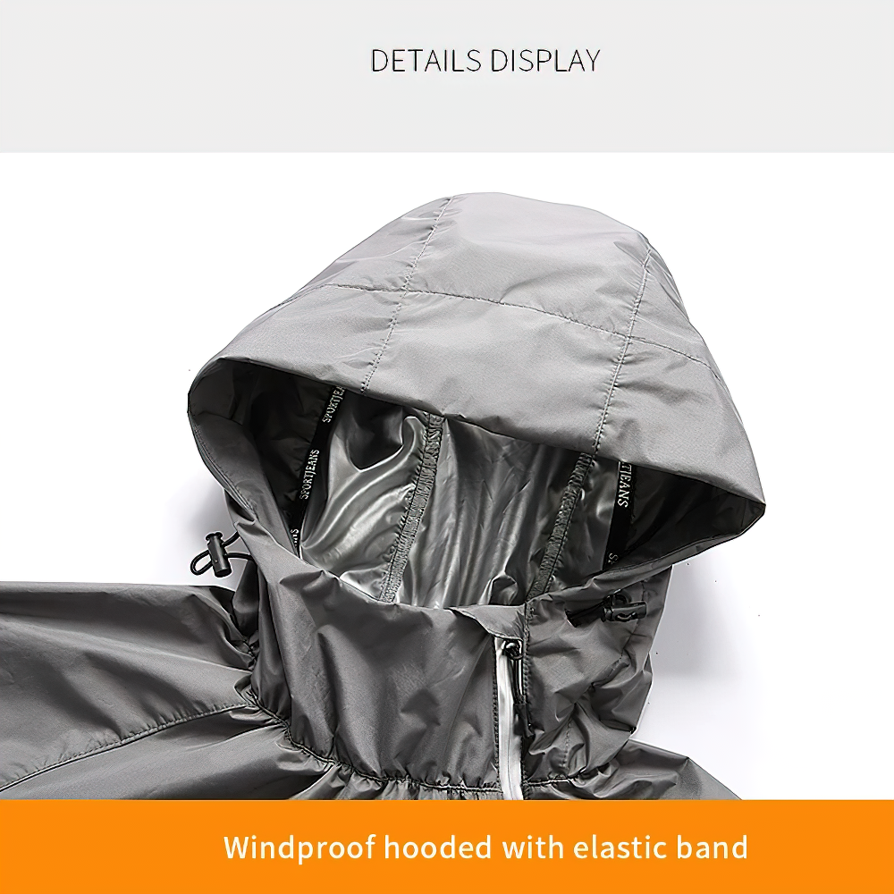 Close-up of quick dry hooded running tracksuit with windproof design, SF2043 men's fitness clothing detail